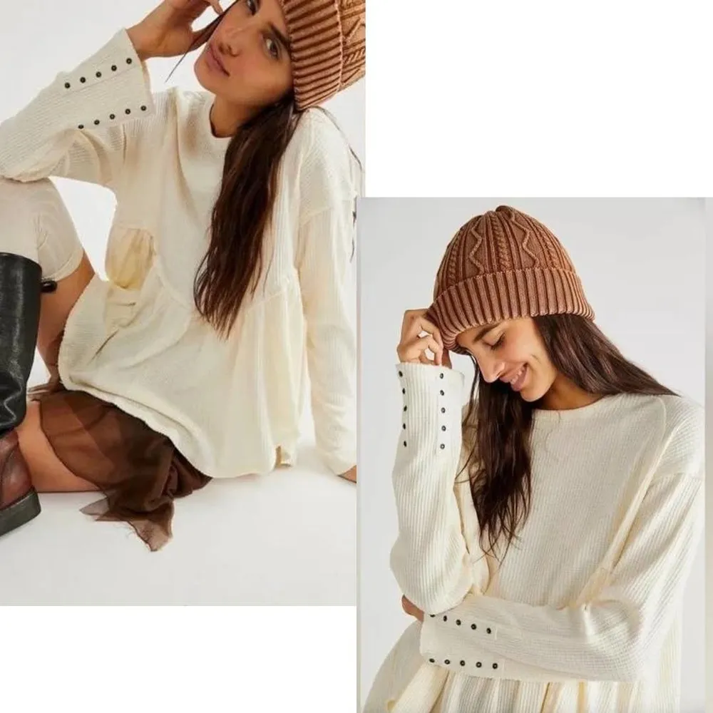 Free People Oh My Babydoll Waffle Thermal Top Nilla Cream NWOT Size Small - Image 3