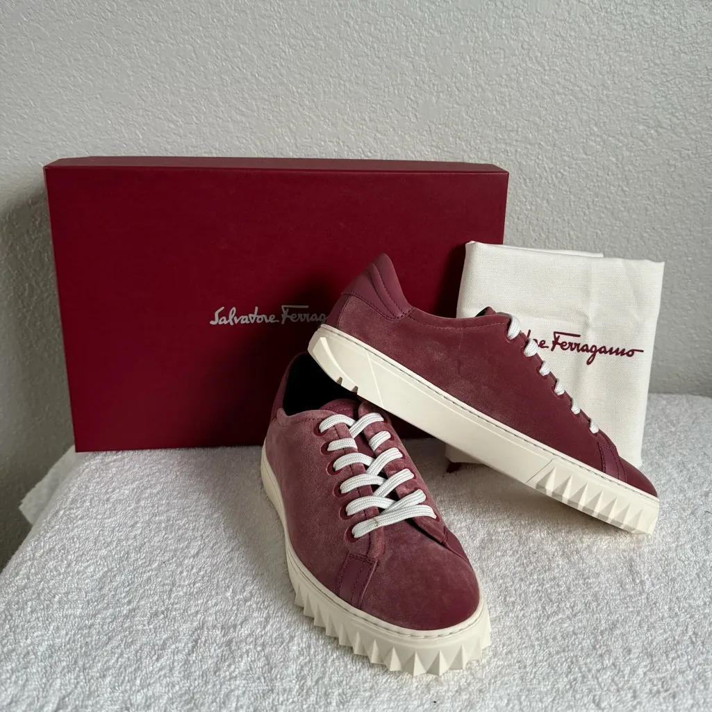$685 NEW Salvatore Ferragamo Womens Cube Sneakers Pink Red Velvet Luxe size 6 - Image 3