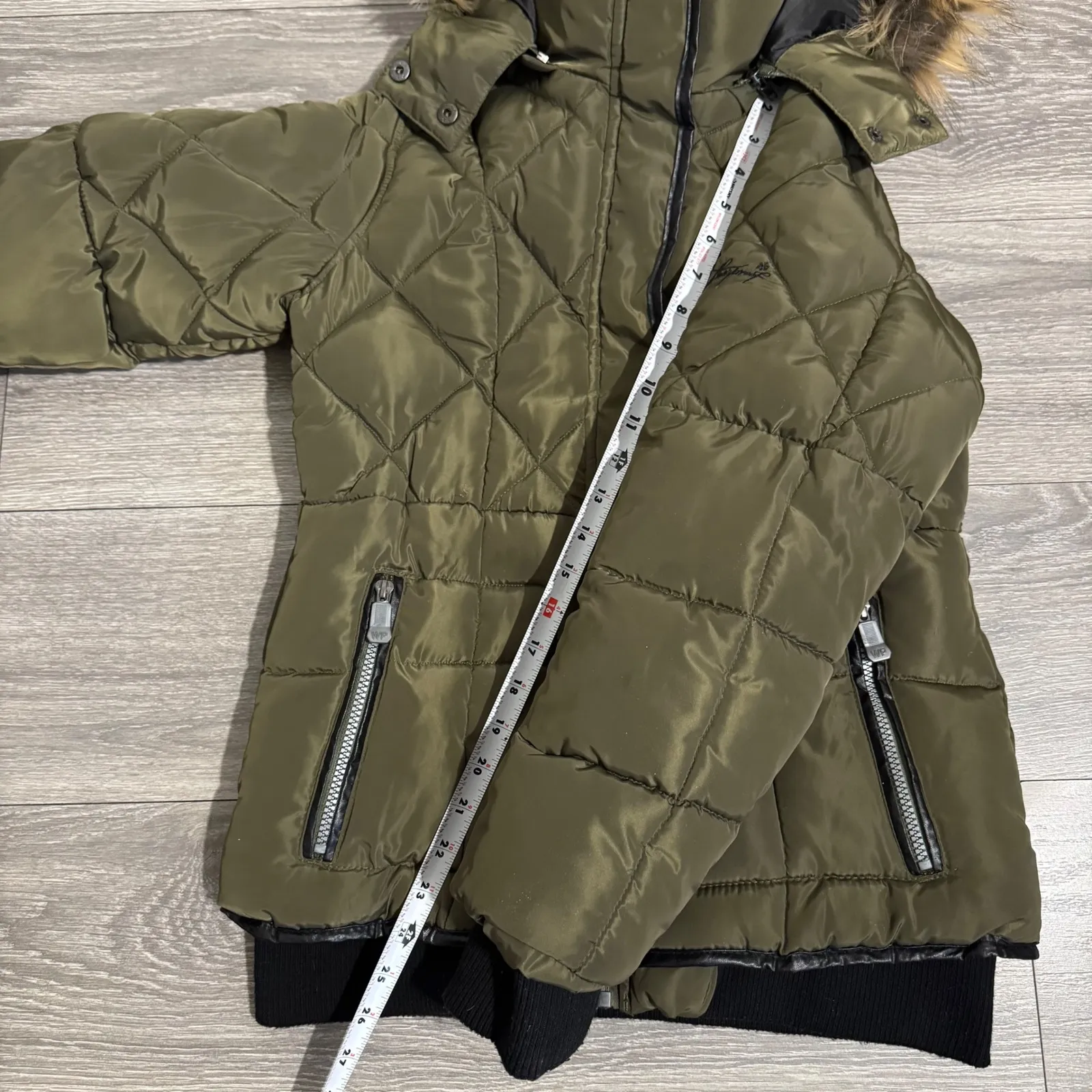 Weatherproof Olive Green Quilted Puffer Jacket Faux Fur Trim Hood Women's Sz L - Image 16