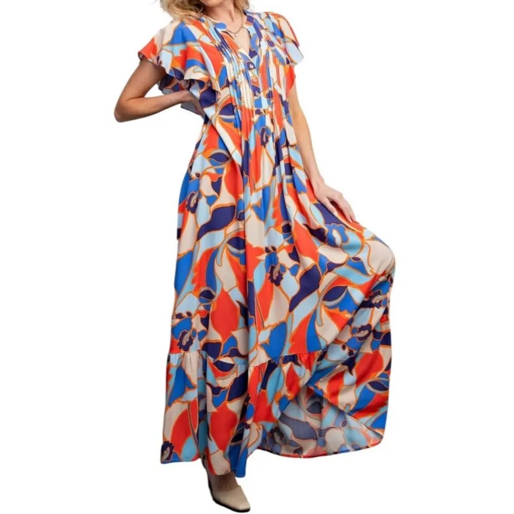 Easel Geometric Floral Maxi Dress Blue Tiered Pockets Small V Neck Boho NWT - Image 13