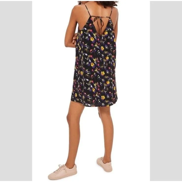 Black Floral Satin Mini Dress Strappy Tie Back Topshop Size 4 Lined Layer - Image 2