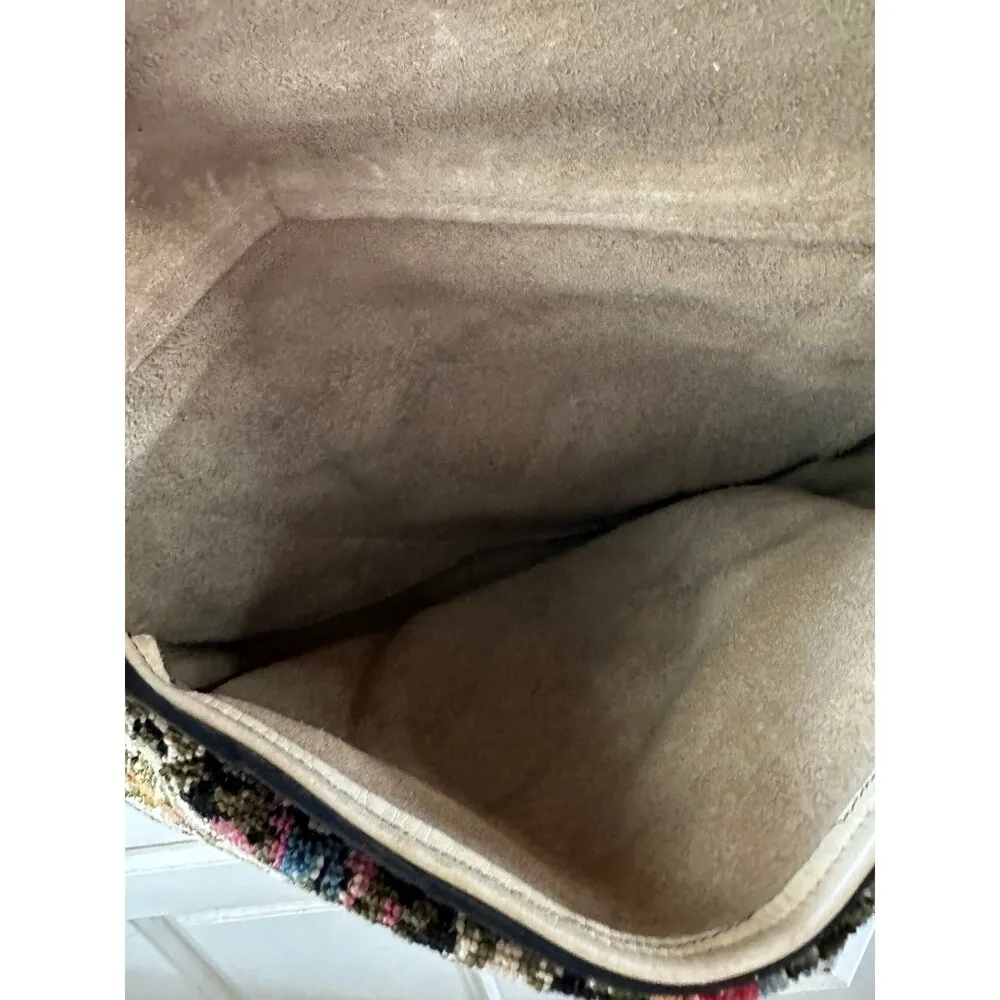 Vintage Floral Needlepoint Embroidered Suede Leather Lining Messenger Bag Black - Image 4