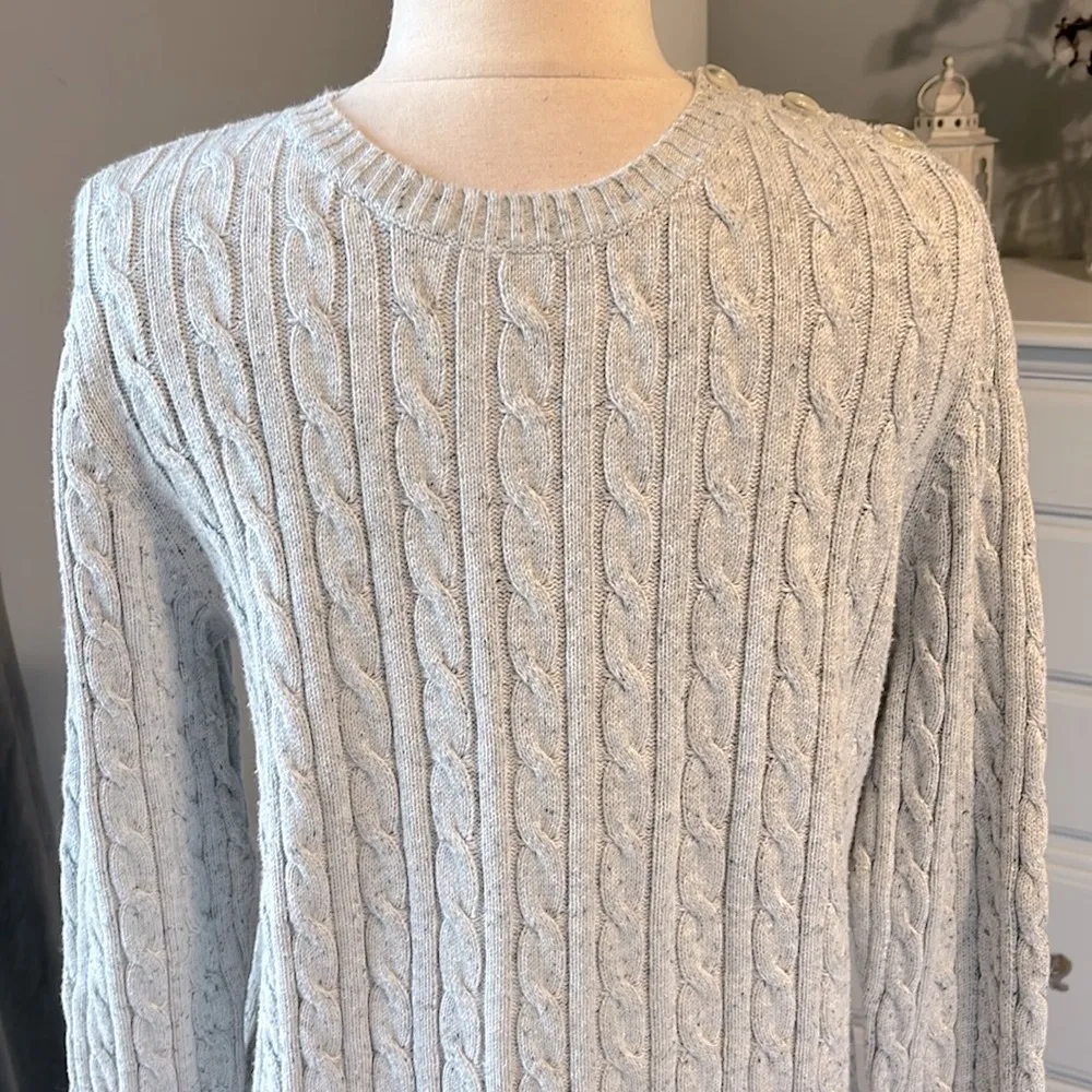 Cable Knit Cotton Sweater Pullover Gray Speckled Crewneck - Image 8