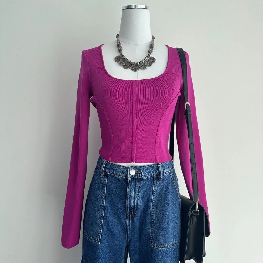 Happily Grey Fuchsia pink Long Sleeve Scoop Neck Fitted Stretchy Top Size Large Pink - Image 2