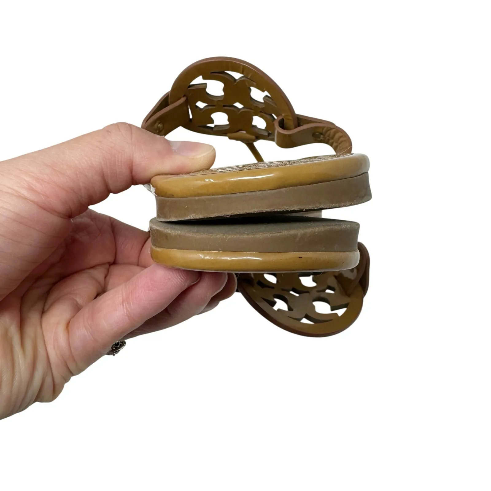 Tory Burch  Tan Caramel Patent Leather Miller Classic Designer Logo Sandals 7.5 - Image 7