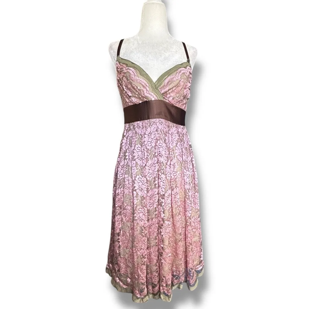 Vintage Y2K Necessary Objects Pink Floral Lace Slip Dress Brown Satin Bow Small - Image 11
