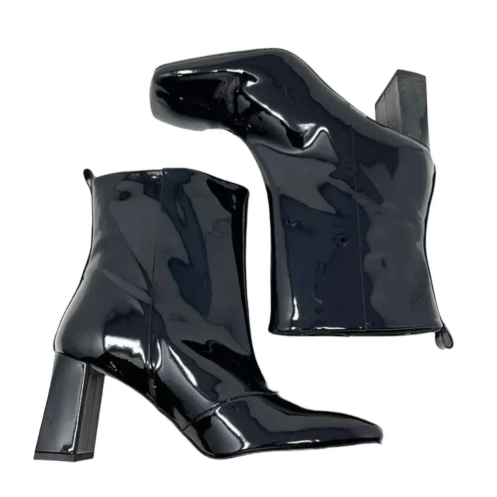 NWT Good American Black Patent Leather Shiny Block Heel Ankle Booties Size 7.5 - Image 2