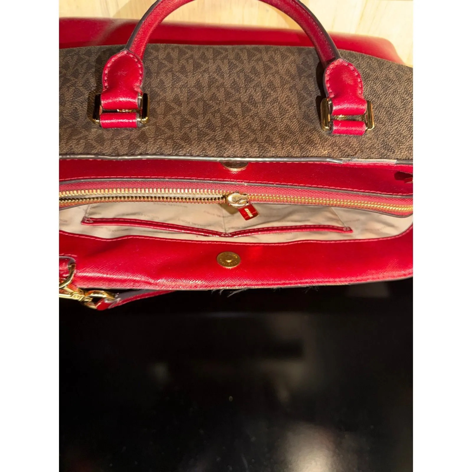 Michael Kors Handbag Tote Brown Signature Red Leather Convertible Strap - Image 8