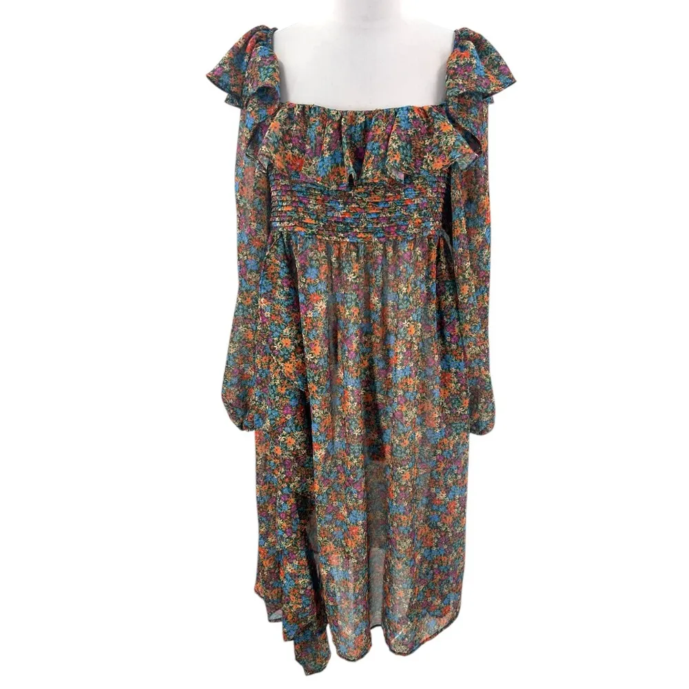 For Love & Lemons Brittany ruffle Midi balloon sleeve floral Dress Size M - Image 5