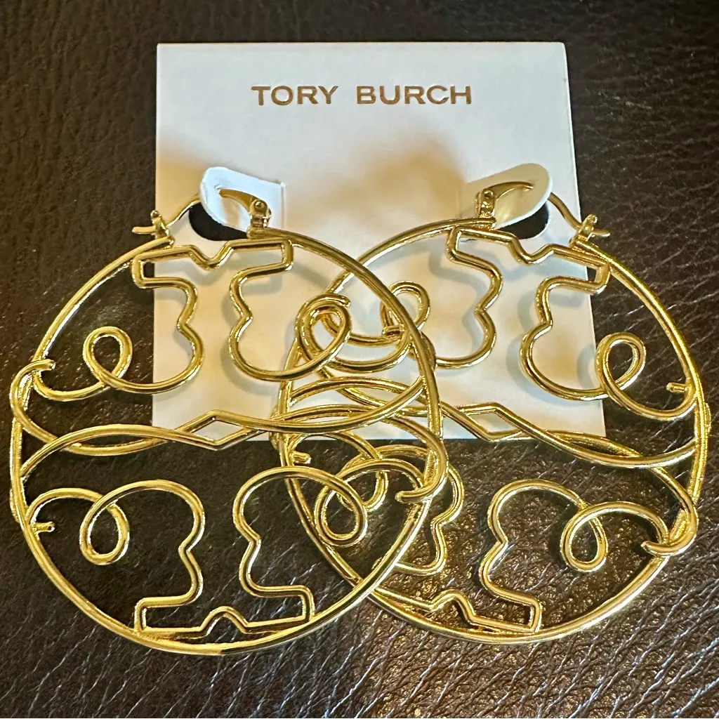 New AUTH TORY BURCH TWISTED MILLER TORY GOLD 2” HOOP on TB Earring Card - Image 11