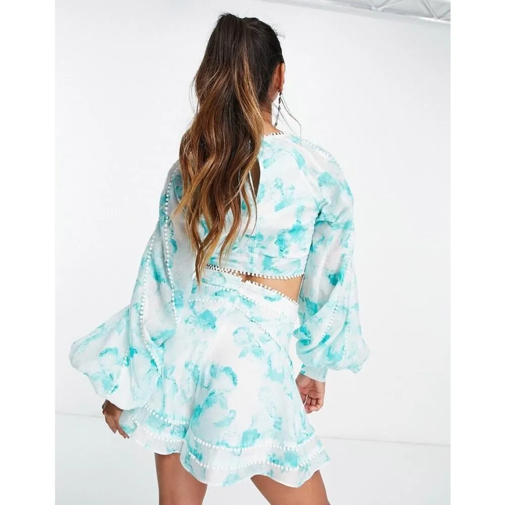 ASOS Blue Floral Tie Dye Print Tie Front Long Puff Sleeve Crop Blouse Top Sz 14 - Image 4