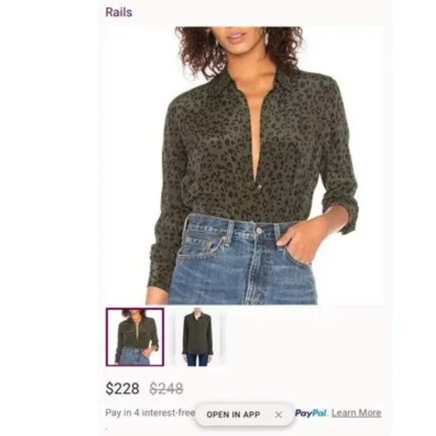 Rails Kate Olive Cheetah Print 100% Silk Button Down Shirt Women's Size Small - Image 5