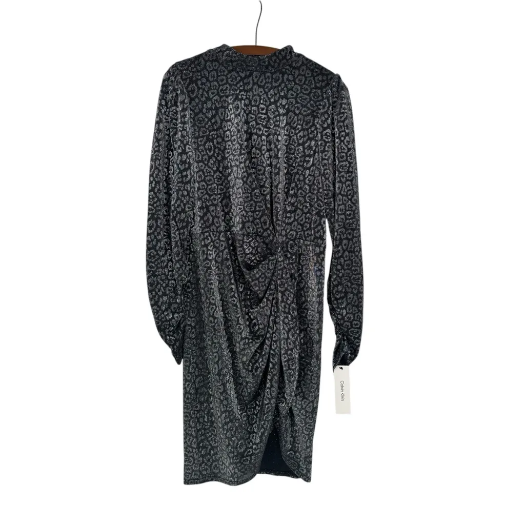 NWT CALVIN KLEIN Black Cheetah Animal Print Longsleeve Midi Sheath Dress Size 12 - Image 4