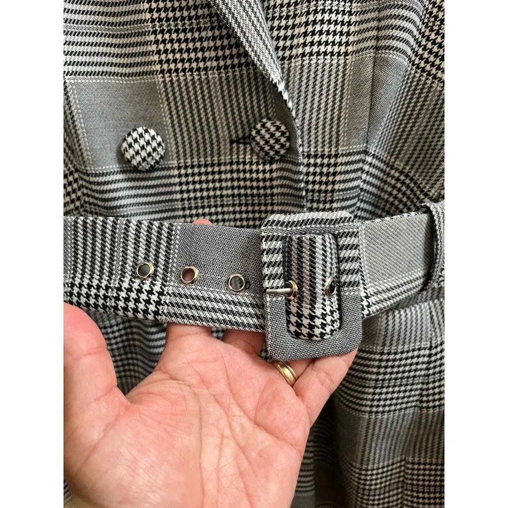 Bardot Gray Monochrome Glenchek Belted Double Breasted Trench Coat Size 6 Medium - Image 4