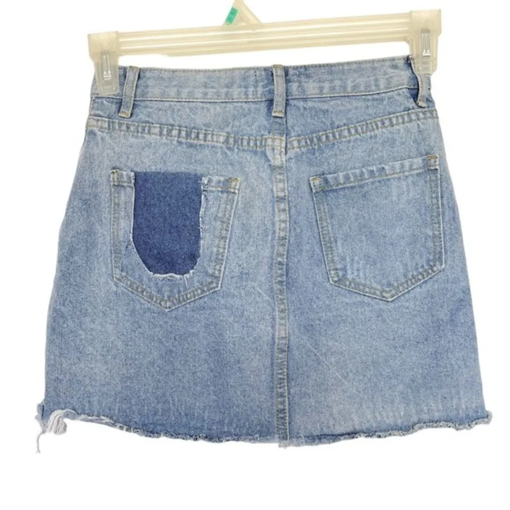 Dahli Denim Skirt Mini Destroyed Frayed Raw Hemmed Button Recycle Look Size XS - Image 2
