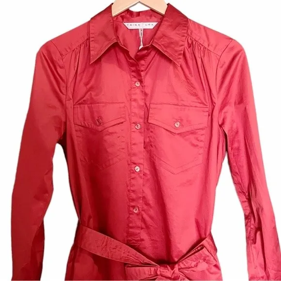 NWT Trina Turk Cotton Long Sleeve Shirt Dress Lobster Red Women's Size Small NEW - Image 9