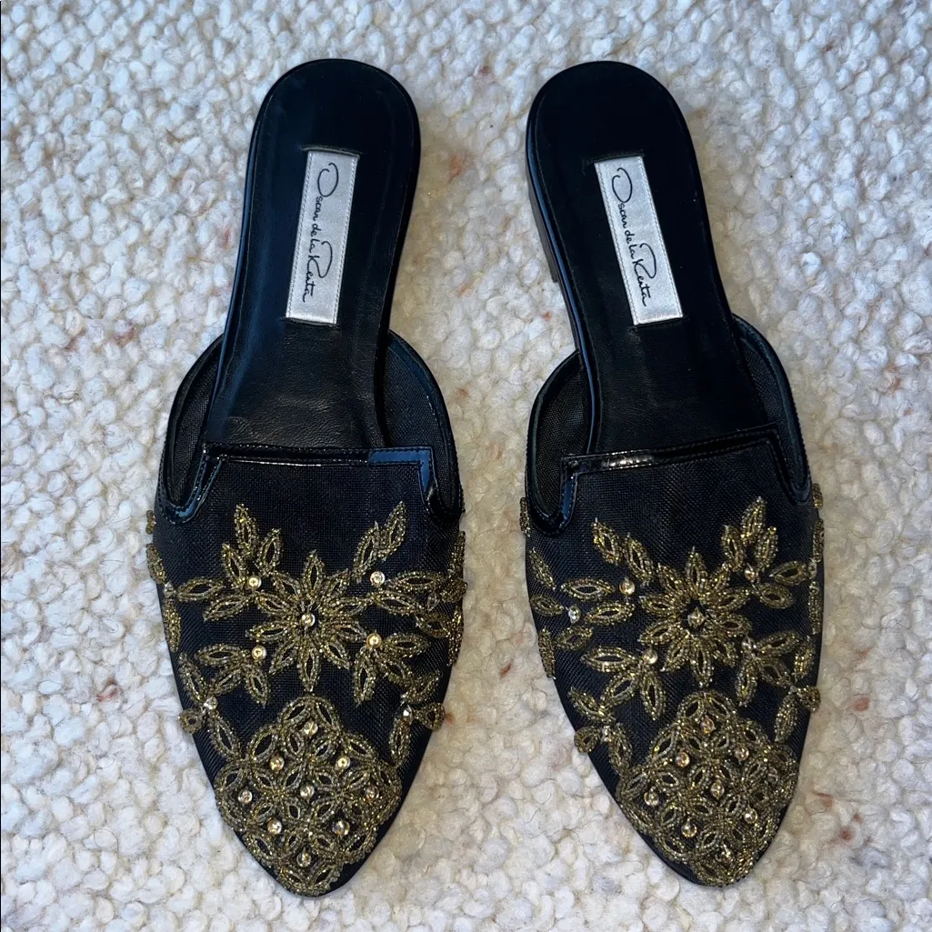 Oscar De La Renta Calista Beaded Floral Mesh Mule Slide Sandal Black 37.5 - Image 2
