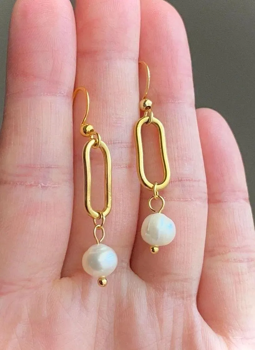 Handmade gold tone stainless steel natural shell pearls chic fairy boho vintage style dangle earrings💖 - Image 5