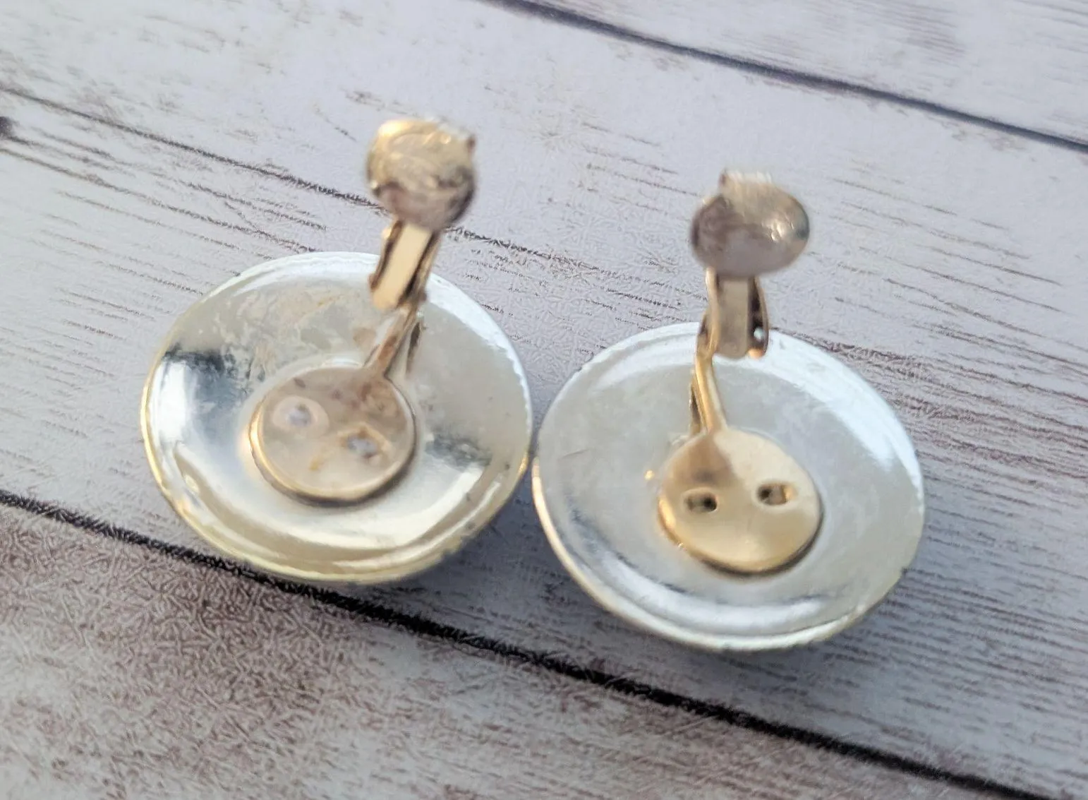 Vintage Clip On Earrings Large Black with Thin Gold Tone Halo Domed - Image 6