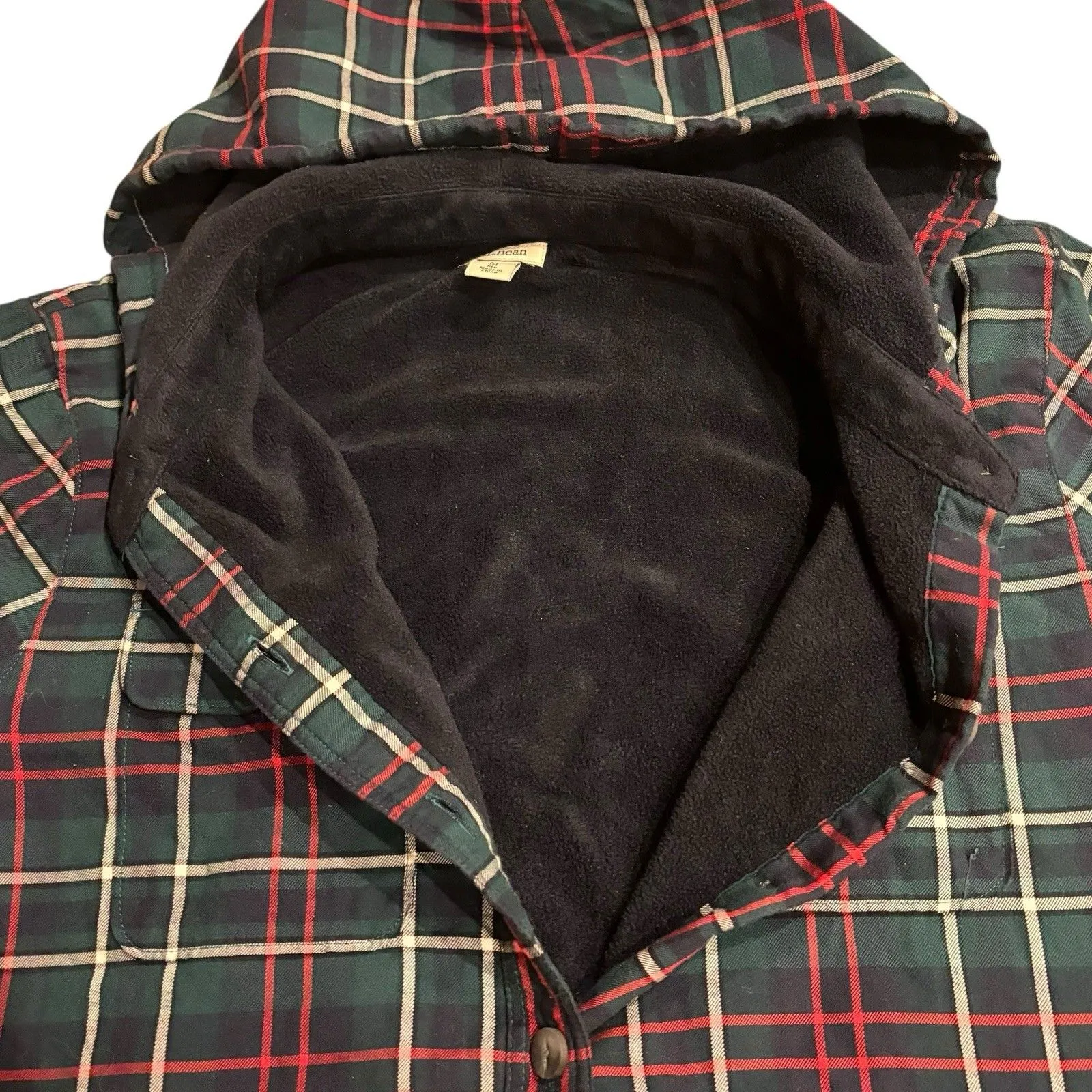 LL Bean Womens Jacket M Blue Tartan Plaid Fleece Lined Flannel Hoodie Shacket Green Size M - Image 5