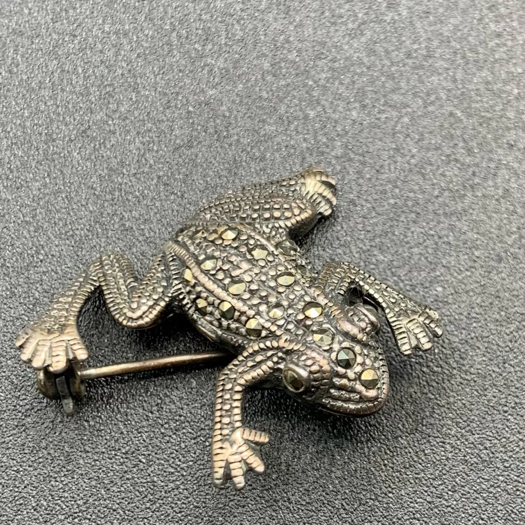 VTG Marcasite Stering Silver Frog Toad Pin Brooch 925 1” - Image 8