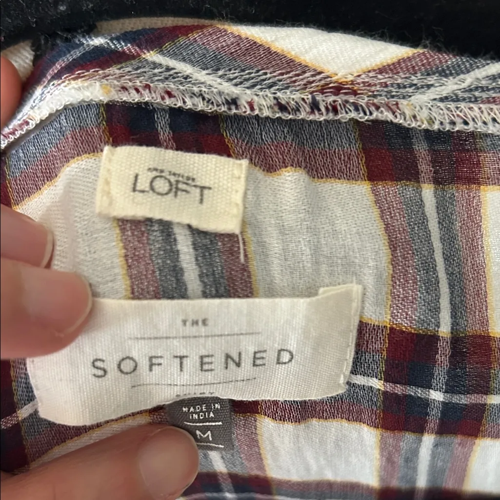 Ann Taylor loft white navy maroon plaid long sleeve boxy sheer blouse top M - Image 9