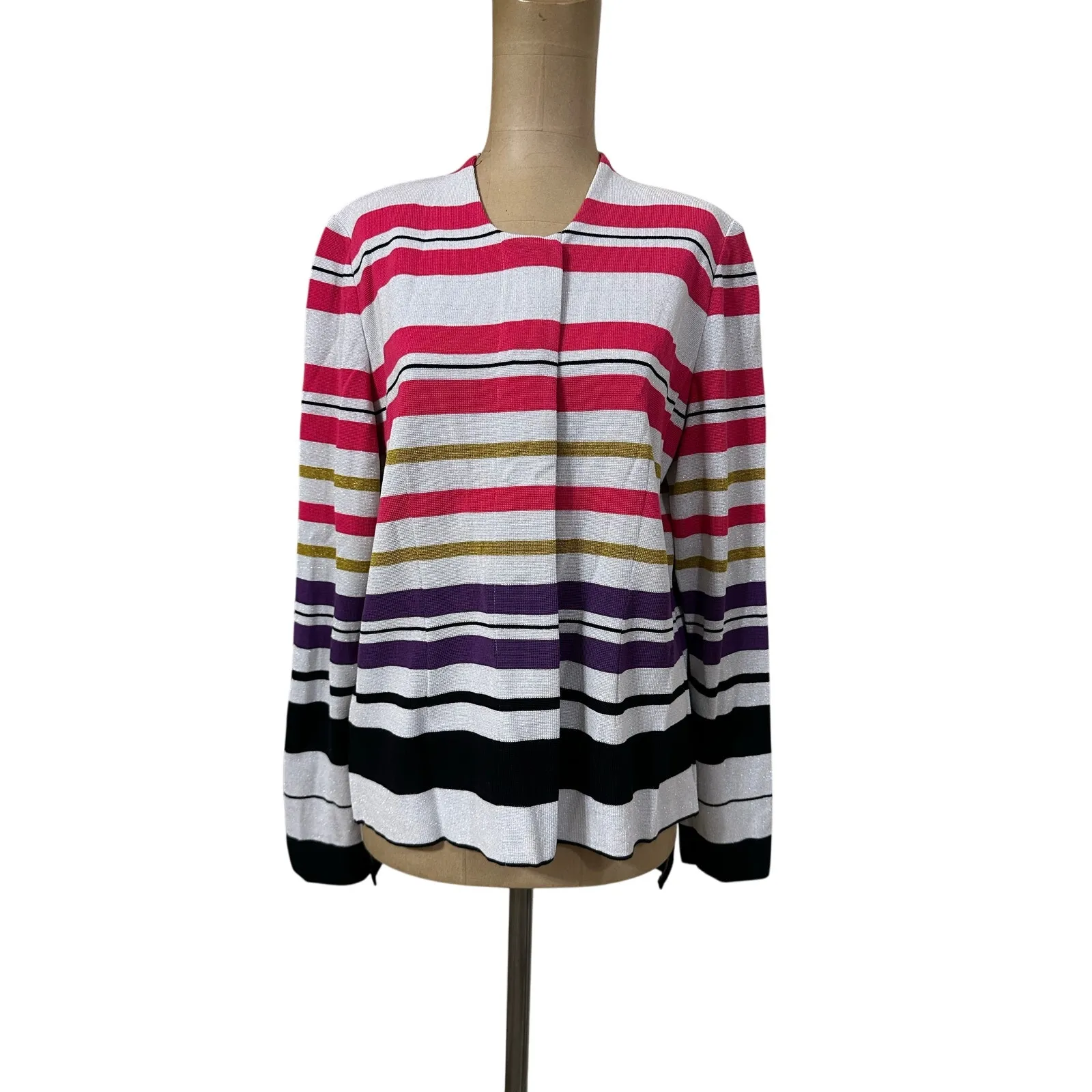 Misook Blazer Metallic Silver Pink Round Neck Hidden Button Long Sleeve - Image 3