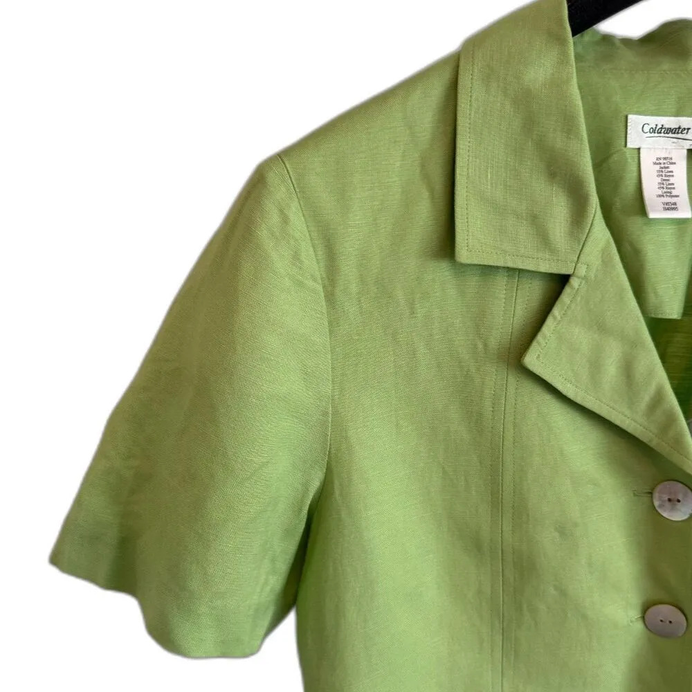 Coldwater Creek | Green Button Down Linen Blend Blouse Padded Shoulders Size 10 - Image 4