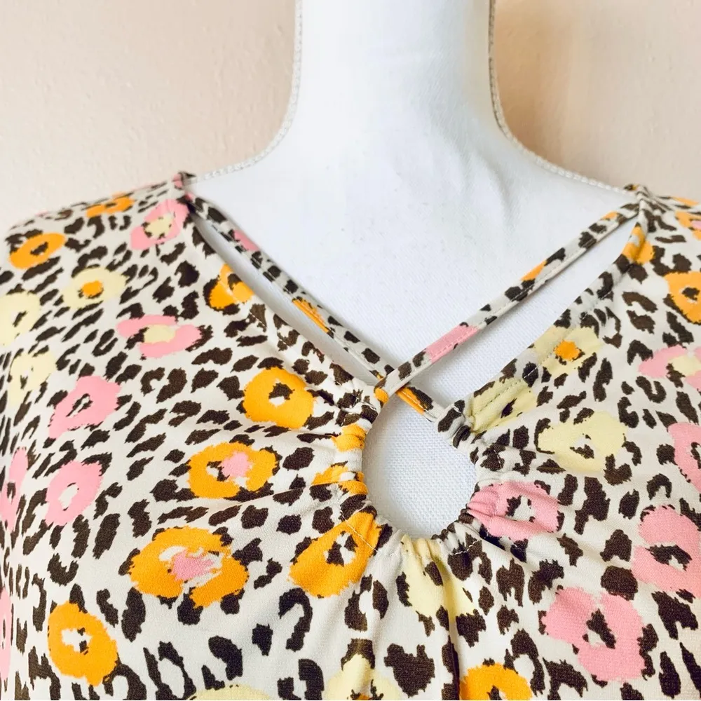 Cato Cream, Pink, Orange, Yellow & Brown Leopard Floral High Low Blouse. - Image 4