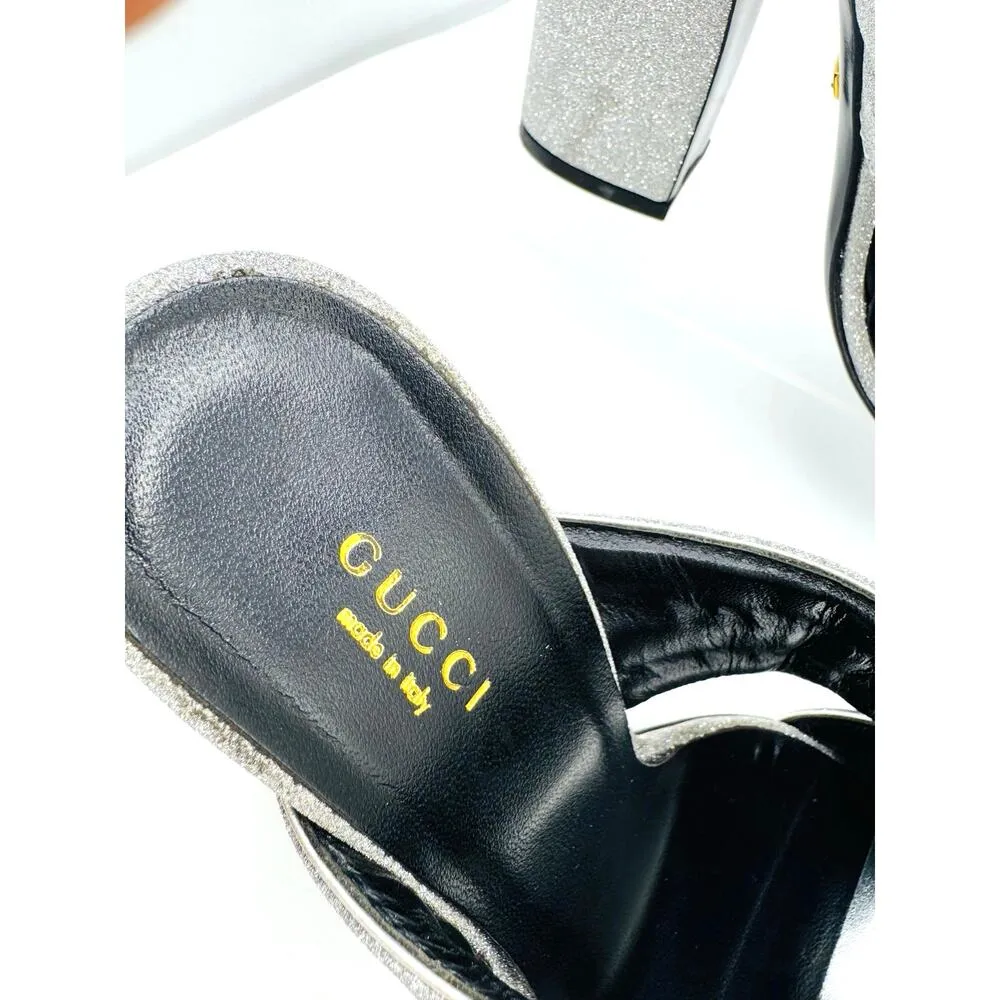 GUCCI Glitter Fabric Webby Crossover High Heel Slide Sandals in Argento 38.5 - Image 10