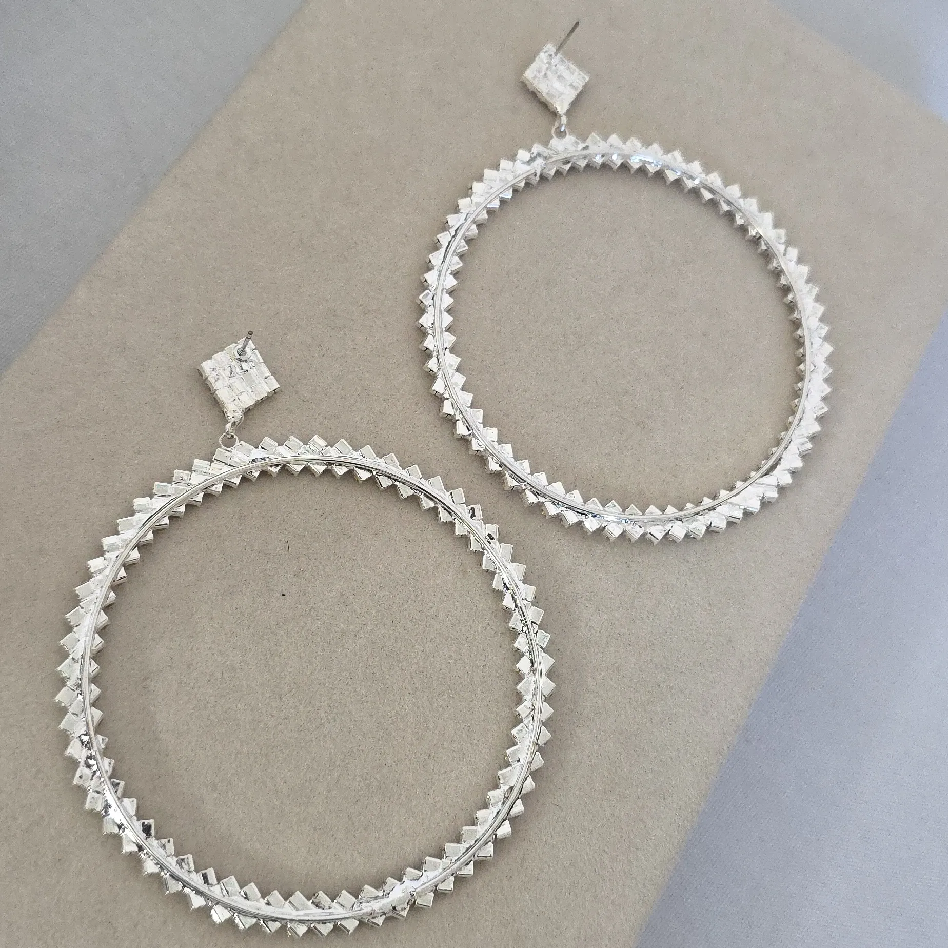 Large Silver and Rhinestone Hoop Earrings - Image 8