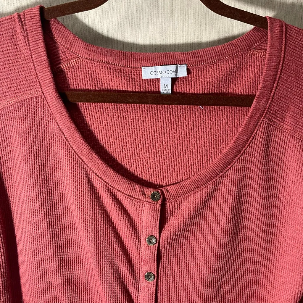 Ocean coast waffle knit thermal button up top medium rust red color - Image 2