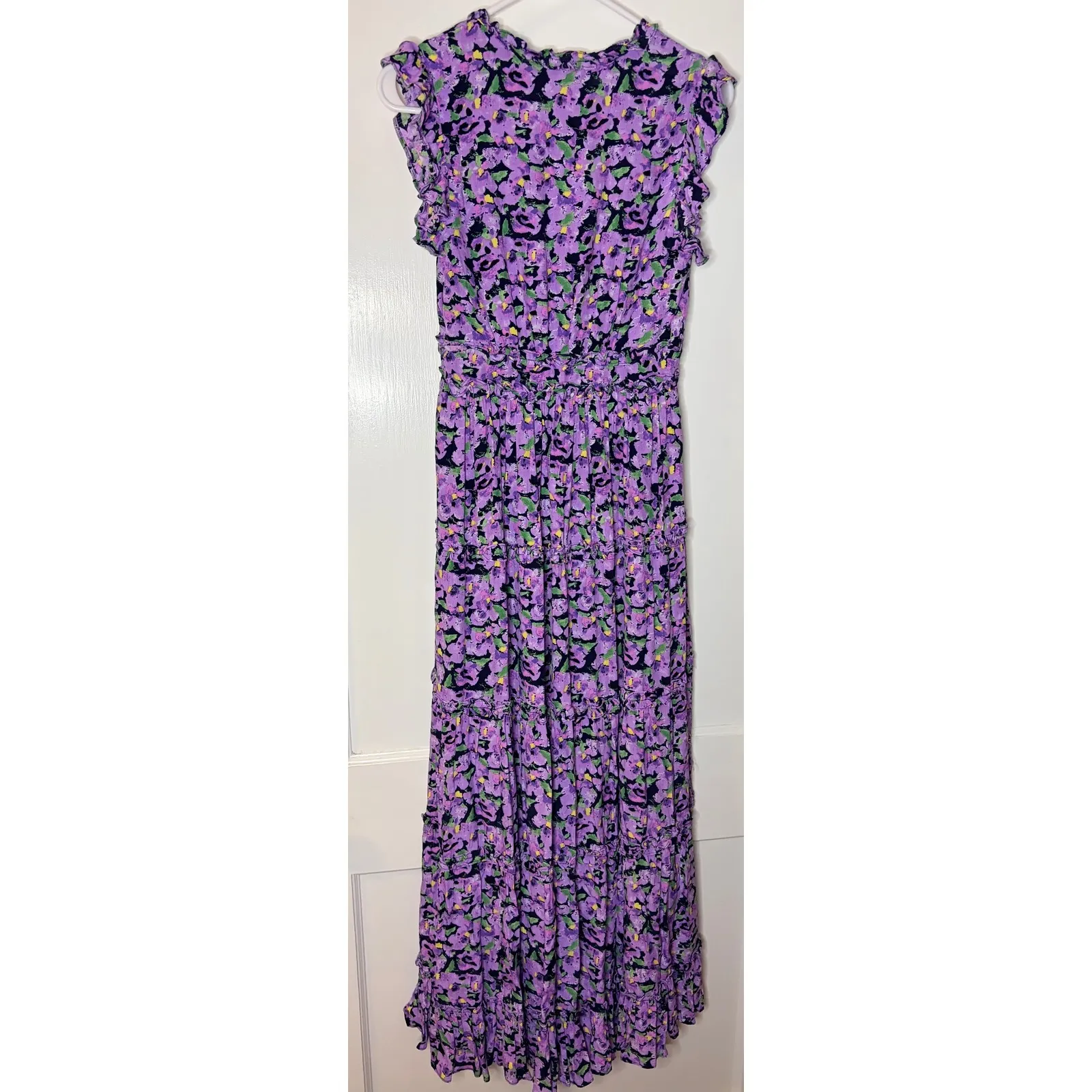 FREE THE ROSES Purple Floral Ruffle V Neck Maxi Dress Womens XS Anthropologie - Image 6