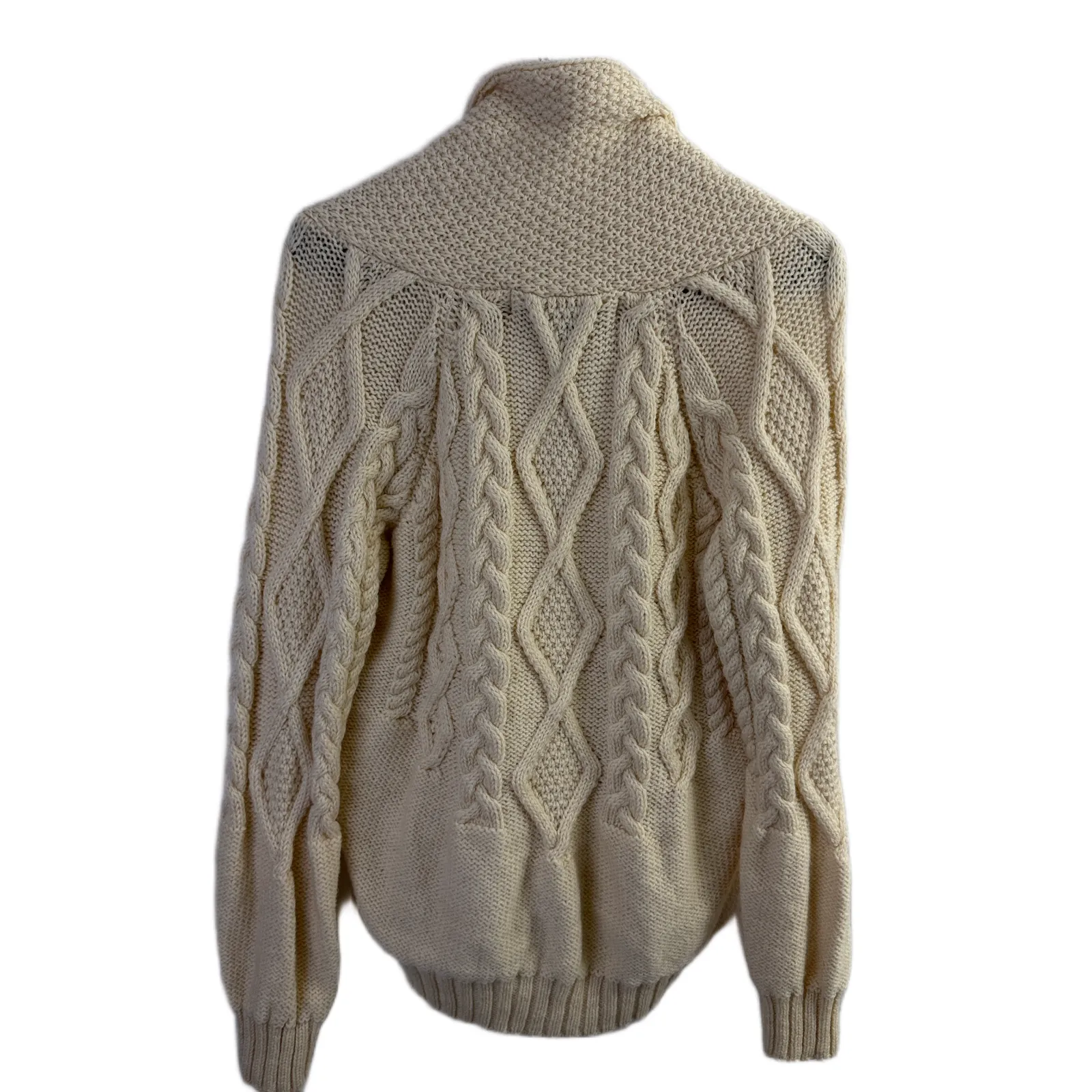 Inis Crafts Wool Shawl Neck Sweater Womens L Cream Cable Knit Fisherman *Hole Size L - Image 9