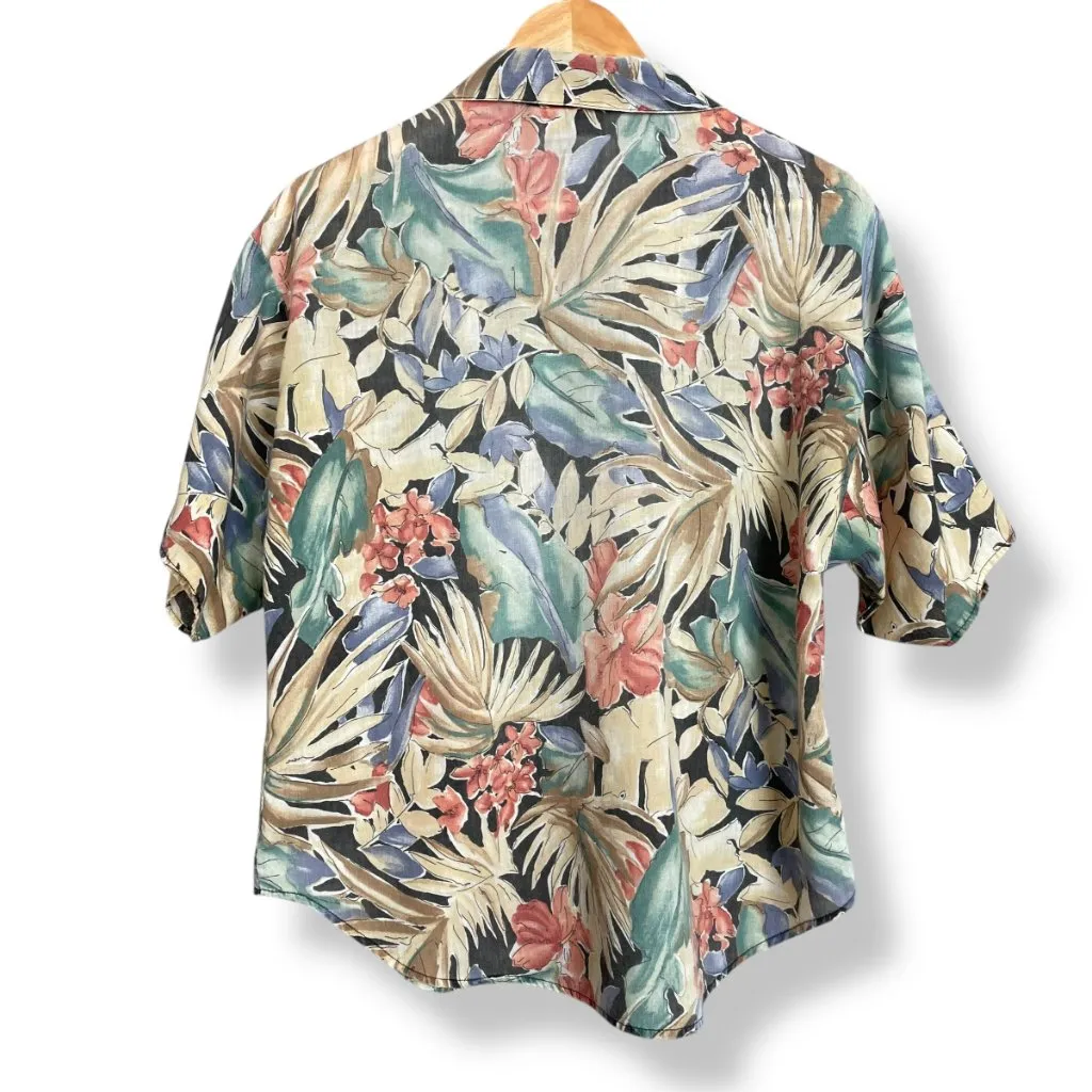 Vintage Tropical Shirt Women Lightweight Hawaiian FLAWS Muted Tones Palm Leaves Tan Size L - Image 2