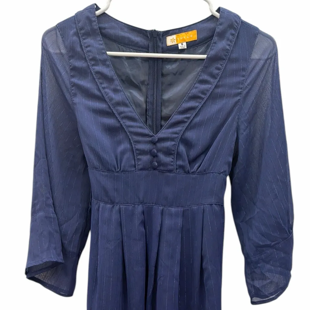 Tulle Navy Blue Sheer Midi Dress V Neck 3 Quarter Sleeve Shimmer Womens Small - Image 8