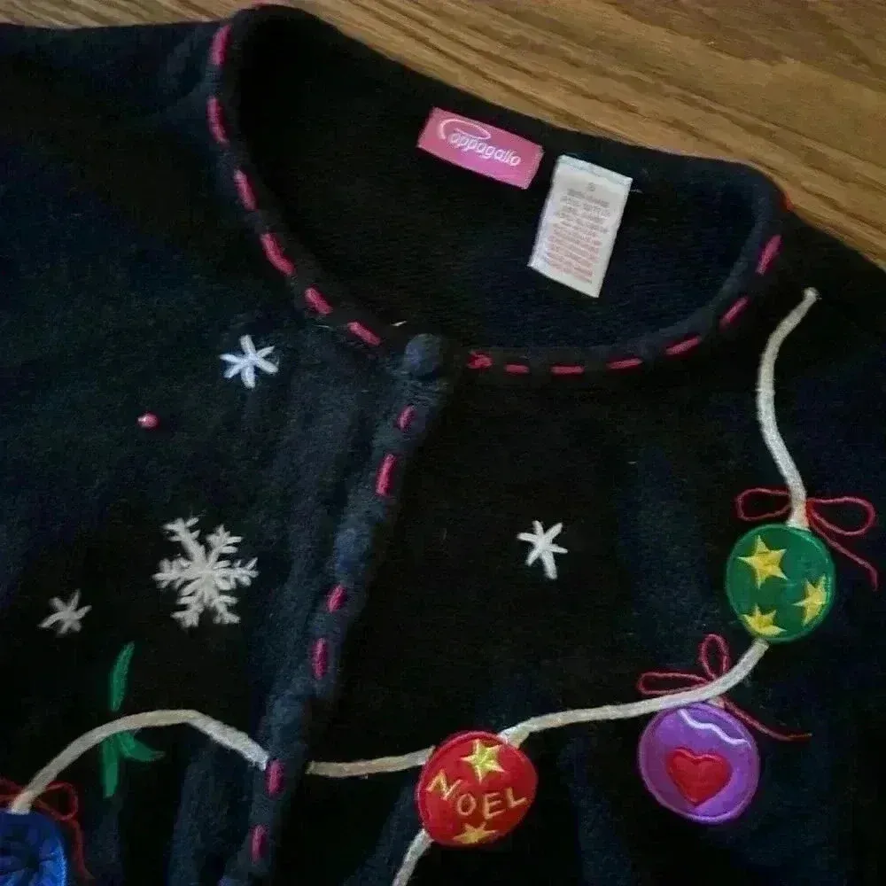 Vintage PAPPAGALLO CHRISTMAS SWEATER Embroidered Ornaments Bright Size Small Black - Image 9