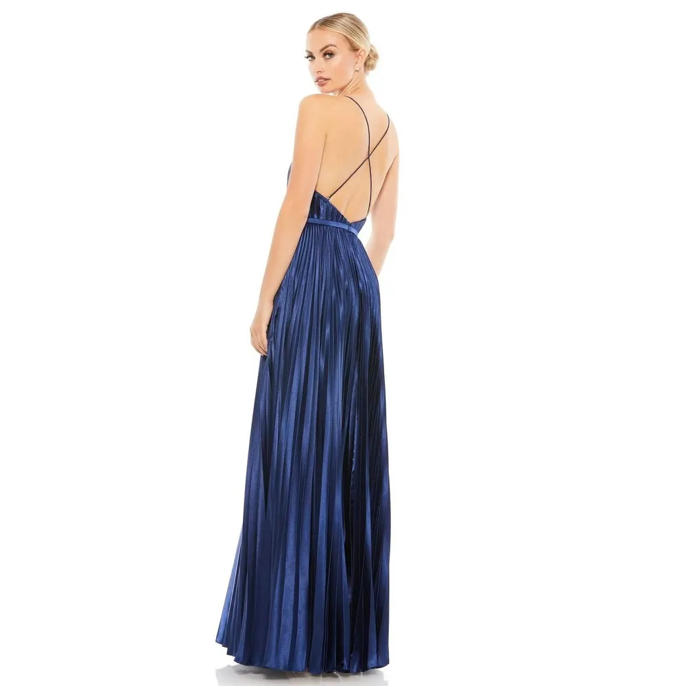 Mac Duggal 49039 Midnight Blue Pleated Plunge Neck Sleeveless Gown Size 10 NWT - Image 2