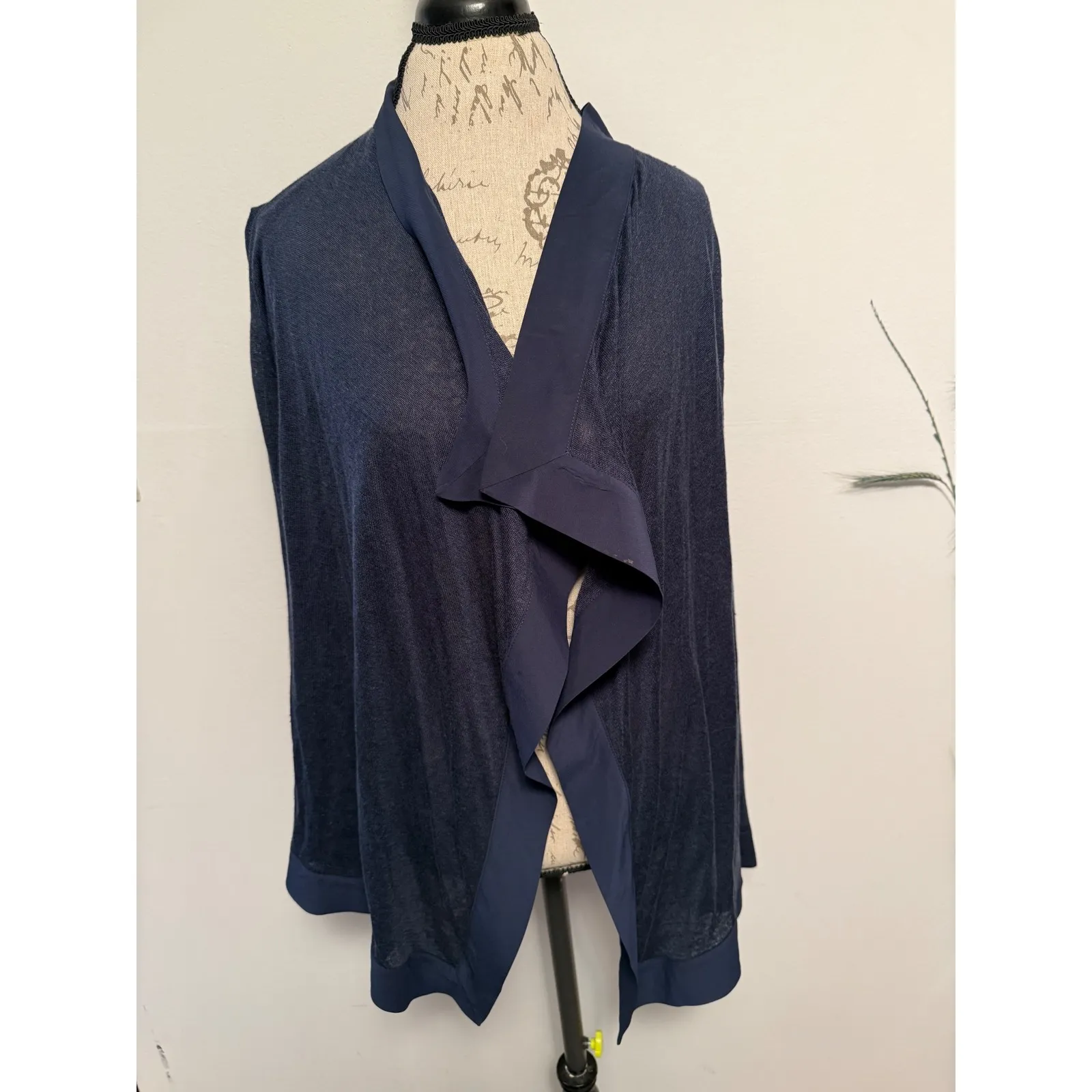 LAUREN RALPH LAUREN Navy Blue Linen Blend Waterfall Cardigan Sweater XL - Image 2