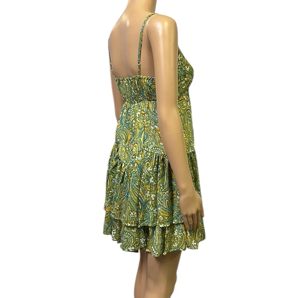 Japna Paisley Floral Yellow Green Blue Sleeveless Spaghetti Strap Lined Dress S - Image 5