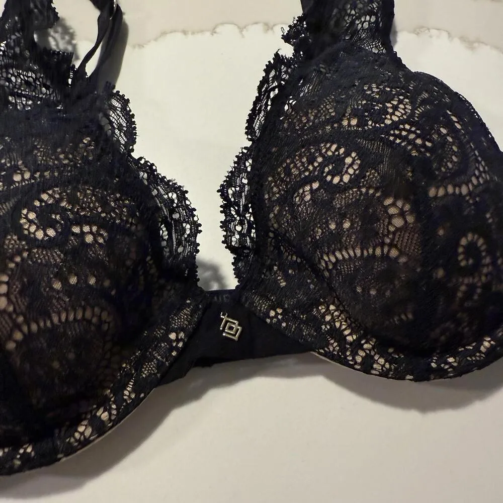 Third Love Black & Nude 30D Lace Contour Plunge Bra Underwire Removable Push - Image 7