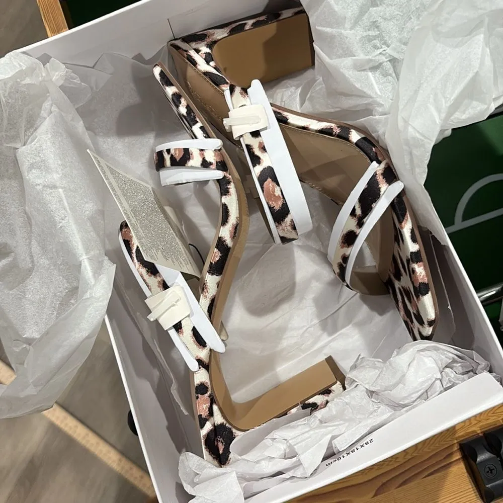 The Drop Women's Leopard Avery Square Toe Two Strap High Heeled Sandal Size 8.5 Brown - Image 7