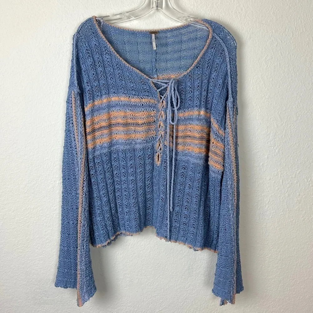 FREE PEOPLE Marina Bay Lace-Up Sweater in Sunset Combo Size Small Bell Sleeve - Image 10