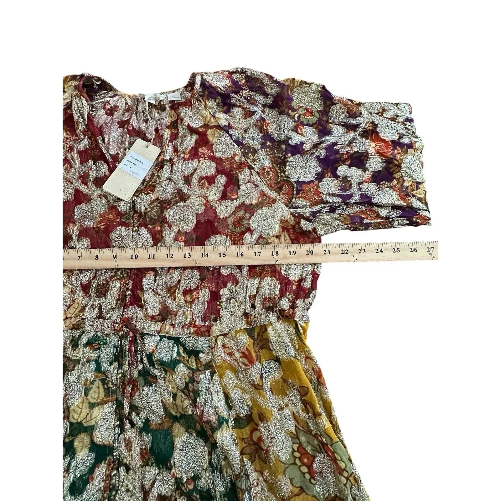 Anthropologie Let Me Be Dress Medium Gold Rainbow Floral Boho Long Sleeve AB14-1 - Image 10