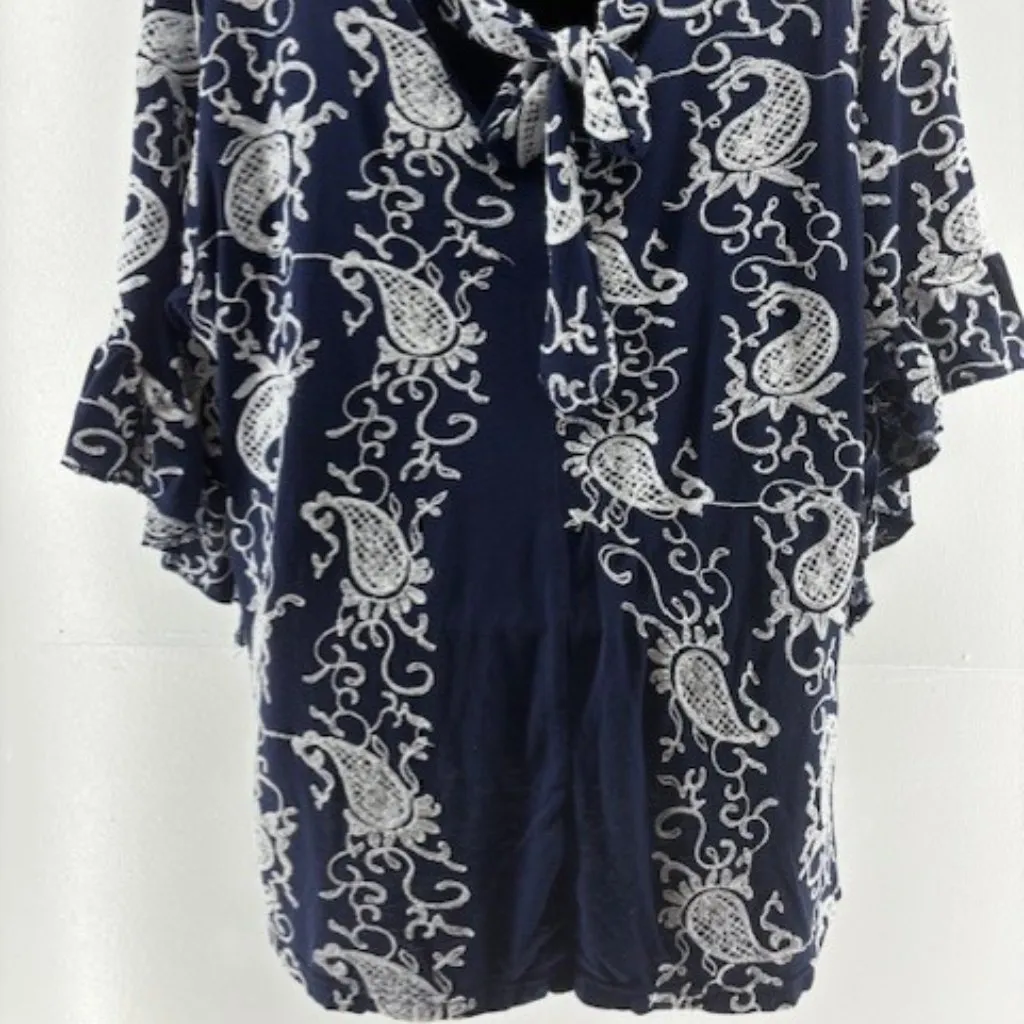 Forgotten Grace Navy White Paisley Trumpet Sleeve Embroidered Tunic Career 1X - Image 4