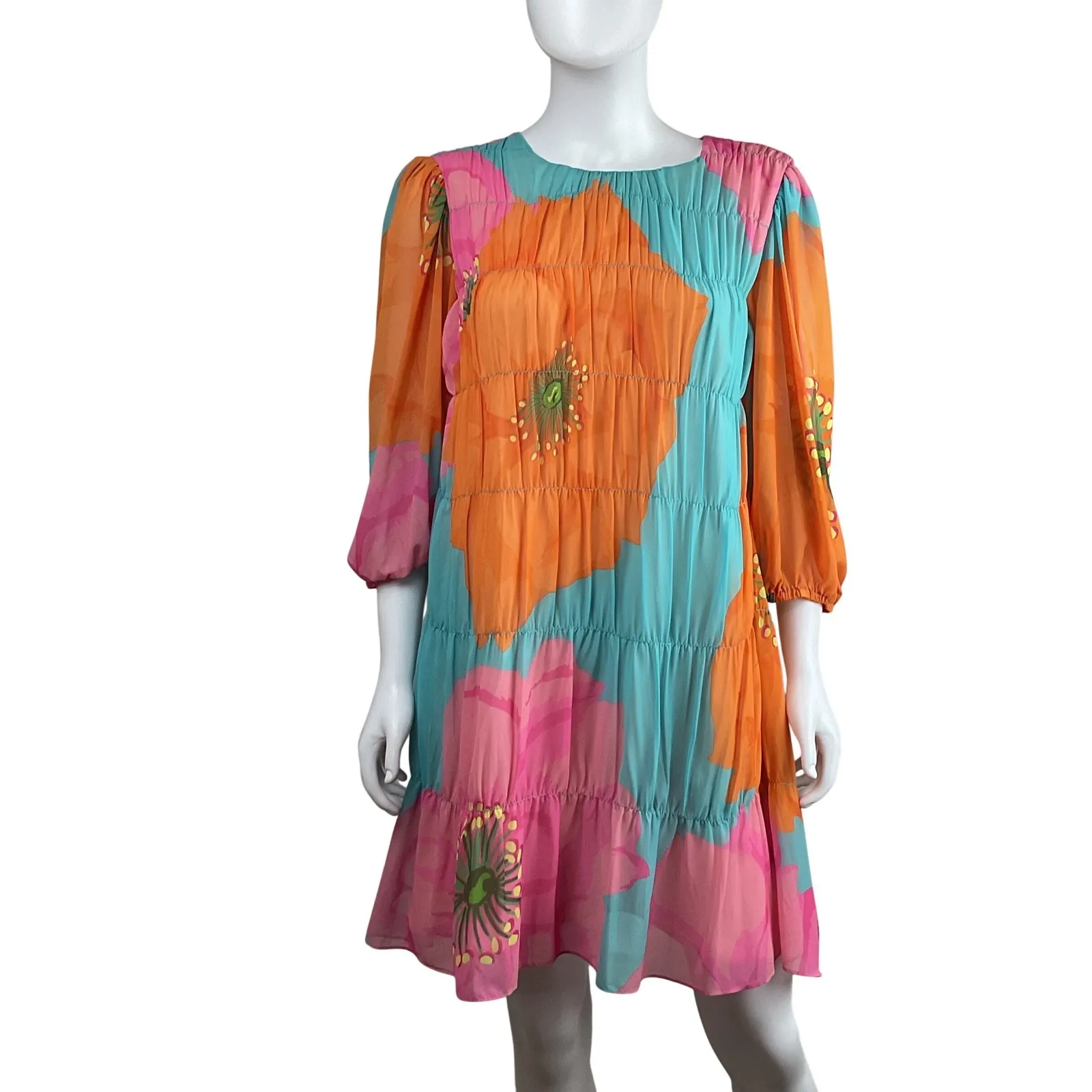 Trina Turk Floral Tiered Midi Dress Orange Blue Pink Ruffle Sleeve Size S - Image 8