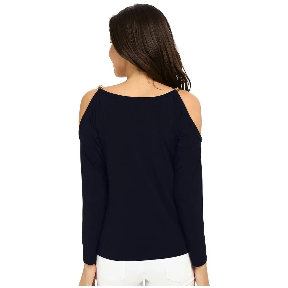 New! MICHAEL KORS Women's Chain Cold Shoulder Top Blouse Navy Blue Size Medium - Image 5