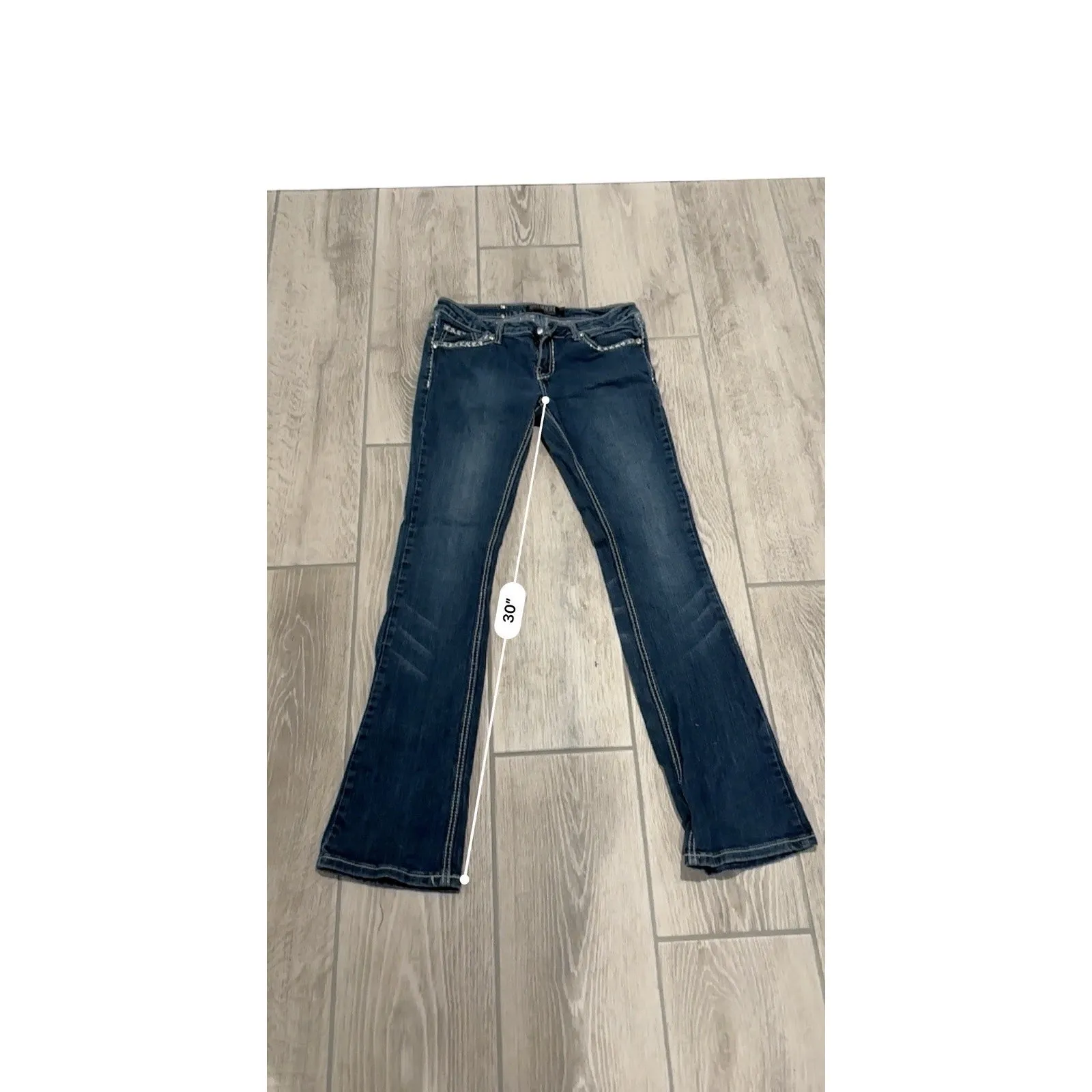 Premiere Women’s skinny Bootcut Jeans Embroidered Bling Studded Rue21 size 5/6 Blue - Image 11