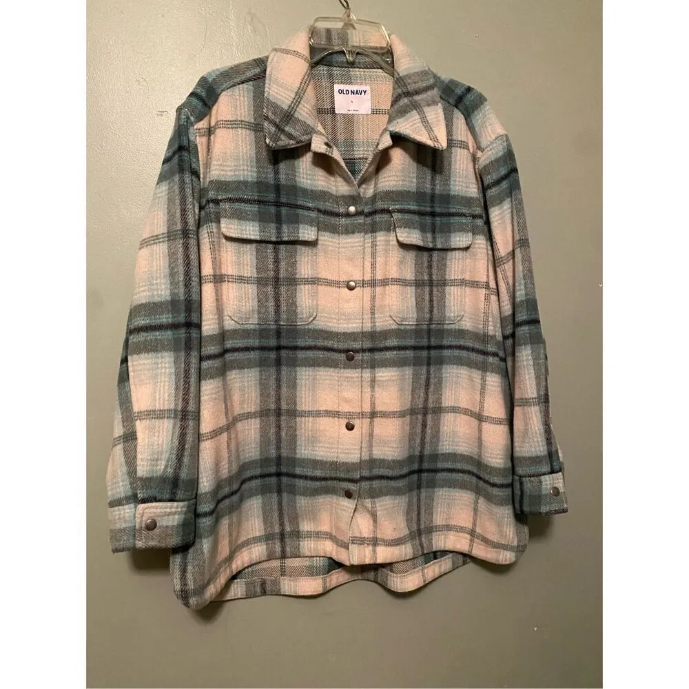 Old Navy Transitional Plaid Utility Shacket Green Size Large - Image 2