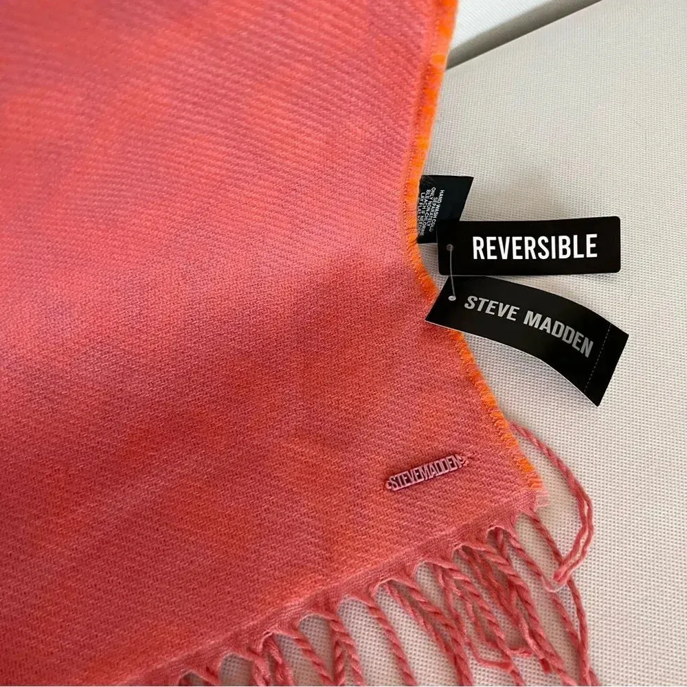 Steve Madden Reversible Leopard Print Scarf Orange Pink With Fringe - Image 9